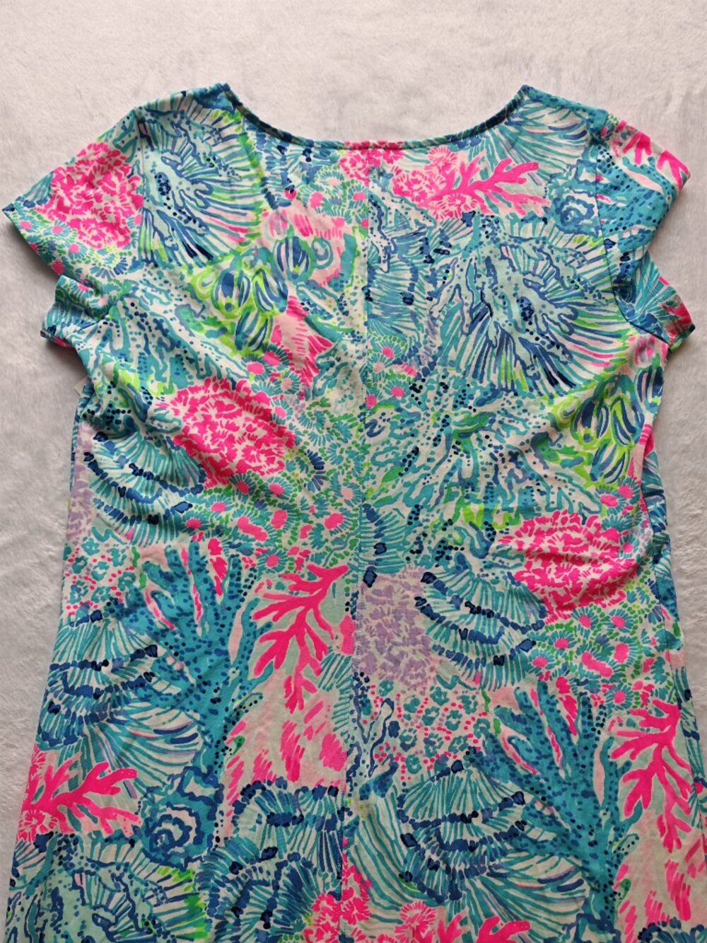 Lilly Pulitzer Pima Cotton Tunic Dress L Blue Pink Tropical Print Lace Neckline - Picture 10 of 11